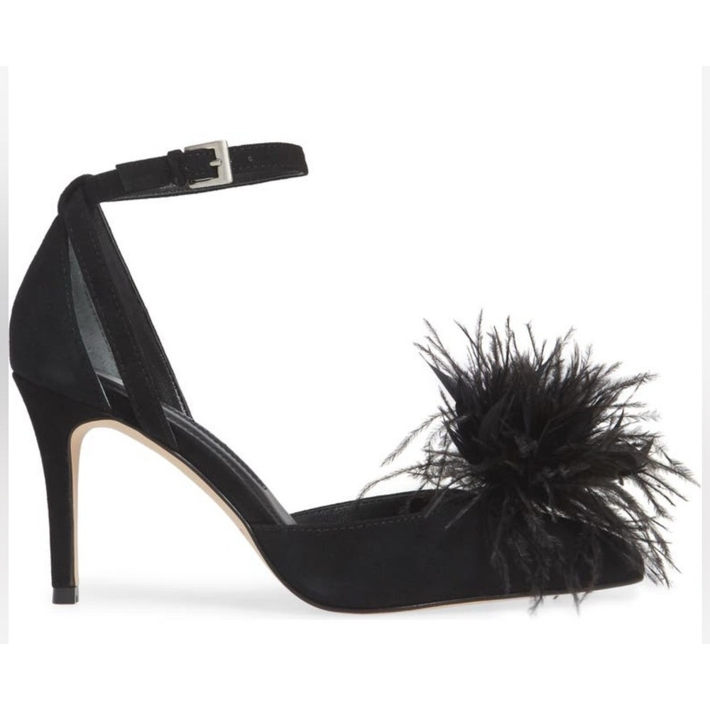 Charles David Violate Black Suede Marabou Feather Ankle Pumps Heels Stiletto